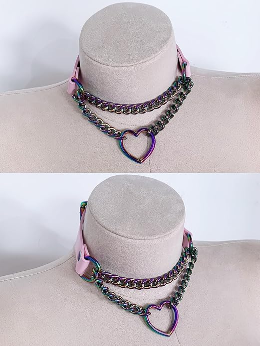 Black/Pink Leather Choker Necklace For Women, Handmade Adjustable Chain Collar with Metallic Heart Ring