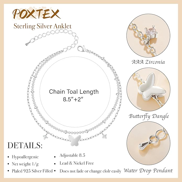 Sterling Silver Anklet Bracelets for Women Waterproof, 925 Sliver Plated CZ & Heart Charm Dainty Layer Anklets for Women Trendy, Simple Chain Anklets Set Gifts for Women, Jewelry Gifts for Her Women Mom Wife Girlfriend