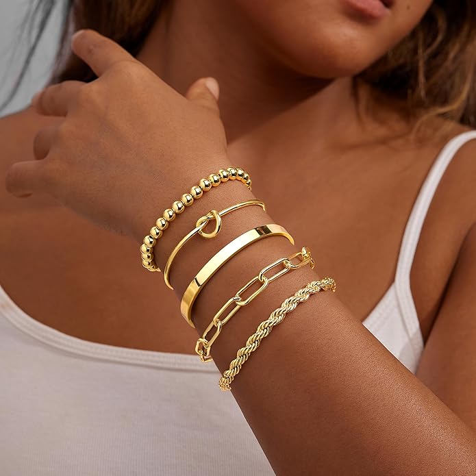 Gold Bracelets for Women Non Tarnish, 14K Gold Plated Chunky Cuff Bracelet Gold Bangles Bracelet for Women Trendy Tie Knot Cuban Rope Paperclip Beaded Bracelet Stack Jewelry Gifts