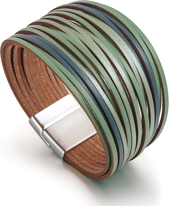Edoneery Leather Wrap Bracelet for Women, Boho Handmade Multi-Layer Cuff with Crystal Beads Heart, Stackable Bangle Western Jewelry Gift