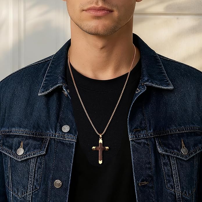 GTMJ Cross Necklace for Men -Stainless Steel & Wood Adjustable Box Chain 24-26in, Spiritual Jewelry Gift for Him, Everyday Wear
