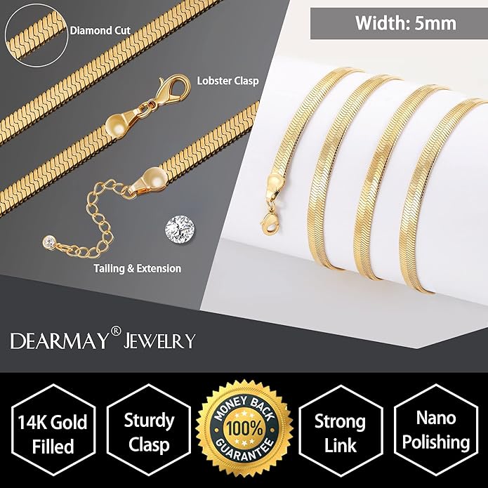 DEARMAY 14K Gold Plated Necklaces for Women, Dainty Gold Herringbone Choker Necklace Thin Layered Snake Chain Jewelry for Gifts