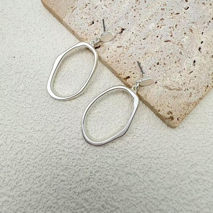 Stud Earrings for Women 14k Gold Plated Geometric Dangle Earrings Lightweight Minimalist Handmade Hammered Texture Oval Disc Drop Double-layer Big Hoop Dangle Earrings for Women