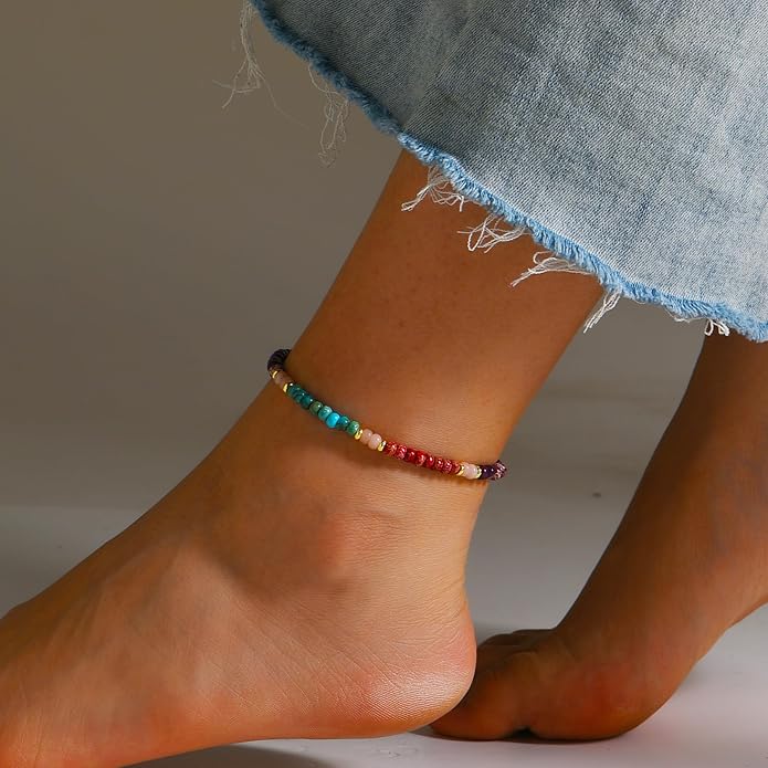 Natural Stone Beaded Anklets Bracelets for Women Handmade Beaded Anklet Bracelet Waterproof Boho Beads Ankle Bracelet Adjustable Summer Jewelry