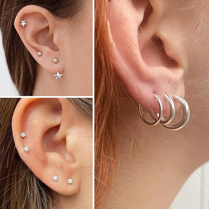 Stud Earrings for Women Hypoallergenic Sterling Silver Post Hoop and Studs Earrings Set for Multiple Piercing Small Ball Cubic Zirconia Earring Studs for Women Trendy Jewelry Gifts（6 Pairs）