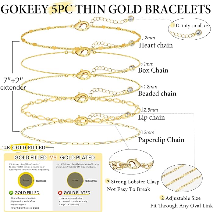 Gold Bracelets for Women Trendy,14K Gold Plated Dainty Stackable Paperclip Cuban Link Chain Bracelets, Simple Cute Cuff Bracelets Jewelry Set Adjustable 7"+2"