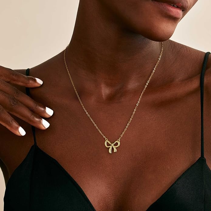 Gold Necklace for Women Dainty Bow Necklace 14K Gold Plated Cute Choker Necklace Small Bow Pendant Charm Necklaces Teen Gift Trendy Stuff Personalized Jewelry Gifts