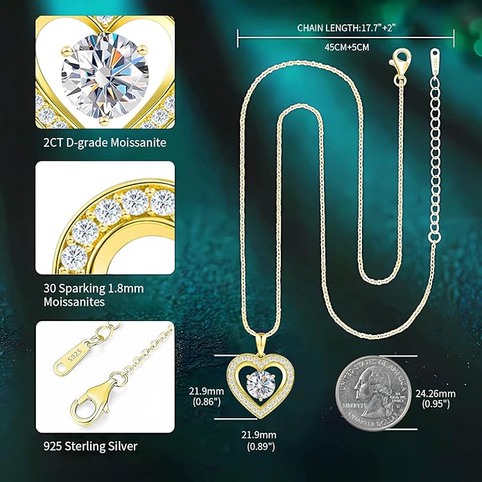31-Stone Birthstone Heart Necklace for Women | 2ct Moissanite & 30 Sparkling Accents | Valentine's Day, Birthday,Mother's Day, Christmas Gift for Wife, Mother, Girlfriend