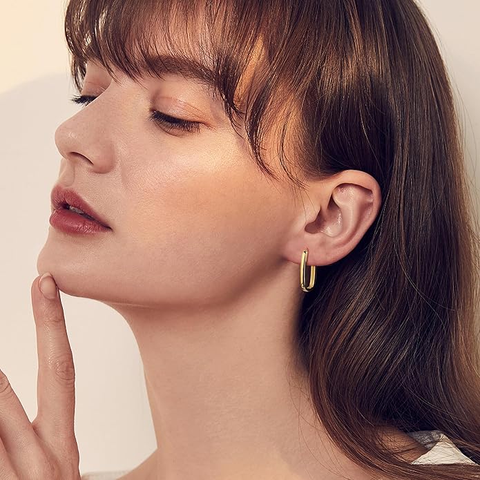 925 Sterling Silver Hoop Earrings for Women Trendy Small Square Hypoallergenic 14K Gold Plated Hoop Earrings Geometric Minimalist Rectangle Hoops Earrings