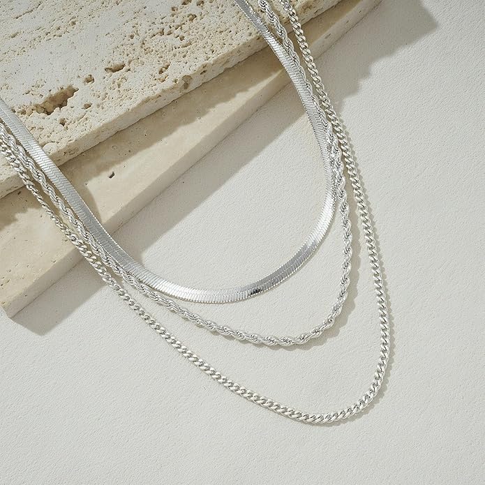 Layered Gold Necklace for Women Dainty 14K Gold/Silver Plated Stacked Necklace for Women Trendy Cuban Paperclip Herringbone Chain Diamond Pendant Necklaces Jewelry Set Accessories Gift