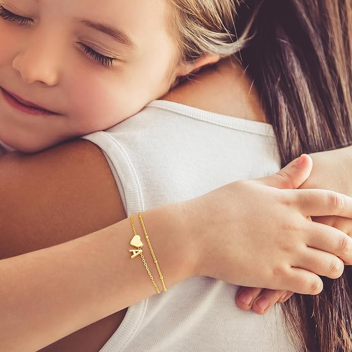 M MOOHAM Christmas Gifts for Grandkids Teens Girls -14K-Gold-Plated Heart Initial Bracelets for Women Girl Dainty Gold Bracelets Birthday Gift Stocking Stuffers for Women Teenage Girls Kids Gifts