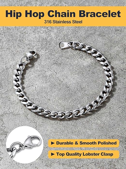 U7 Link Bracelets for Men, Cuban Link/Rope/Watch Band Solid Bracelet, Silver Black Gold Color Wrist Bracelet 3/6/9/12/15mm Width, 6.5/7.5/8.3 Inch Length, Hand Chain Jewelry for Mens Women