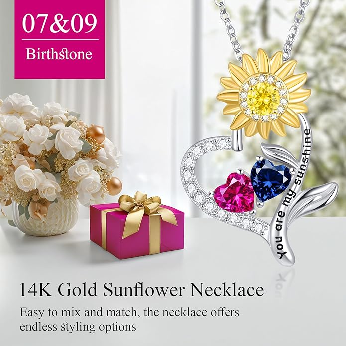 PERJI Valentine's Day Gifts for Women - 925 Sterling Silver Double Birthstone Sunflower Necklace, Anniversary Birthday Jewelry You are My Sunshine Gifts for Wife Couple Girlfriend 18"+2" Non Tarnish