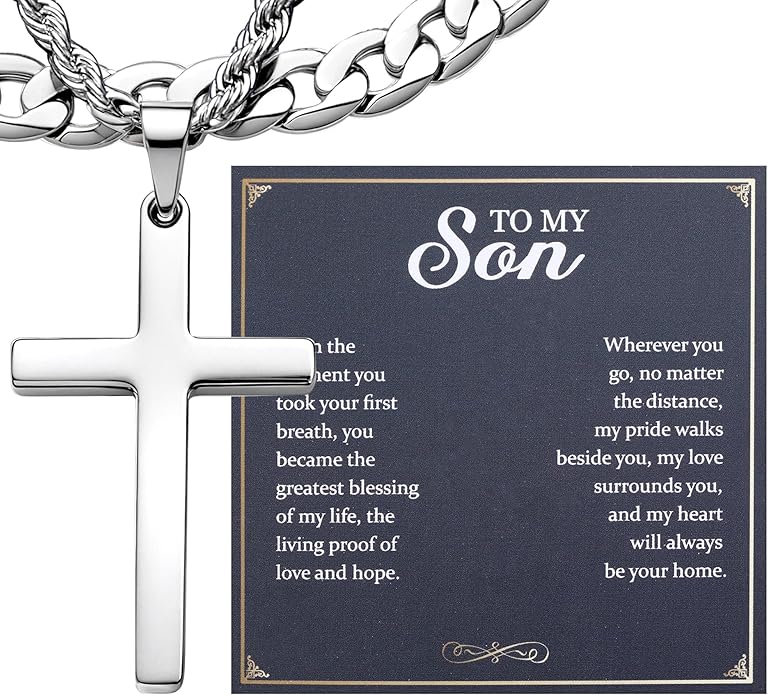 TEN MIRO Silver/Black Cross Necklace for Men Boy Stainless Steel Cross Pendant Necklace for Men Christian Religious Jewelry with Box & Card Birthday Anniversary Christmas Father's Day Gifts for Him