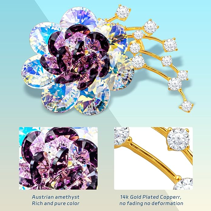 KZQtriid Brooches For Women,14k Gold Plated Copper,Crystal Roselle Cubic Zirconia Brooch Pins For Women ，Crystal Broach,Flower Broach