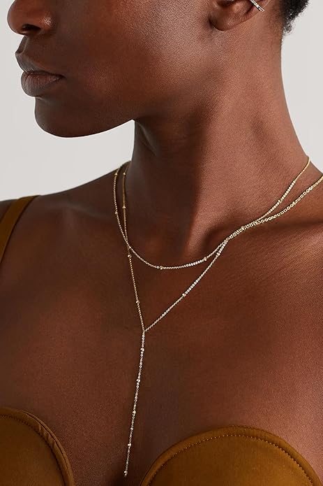 Foxgirl Lariat Gold Necklace for Women, Dainty Long Necklace 14k Gold Plated/Silver Y-Shaped Pendant Necklace Trendy Layered Cz Beaded Chain Drop Necklaces Simple Gold Jewelry For Women Gift