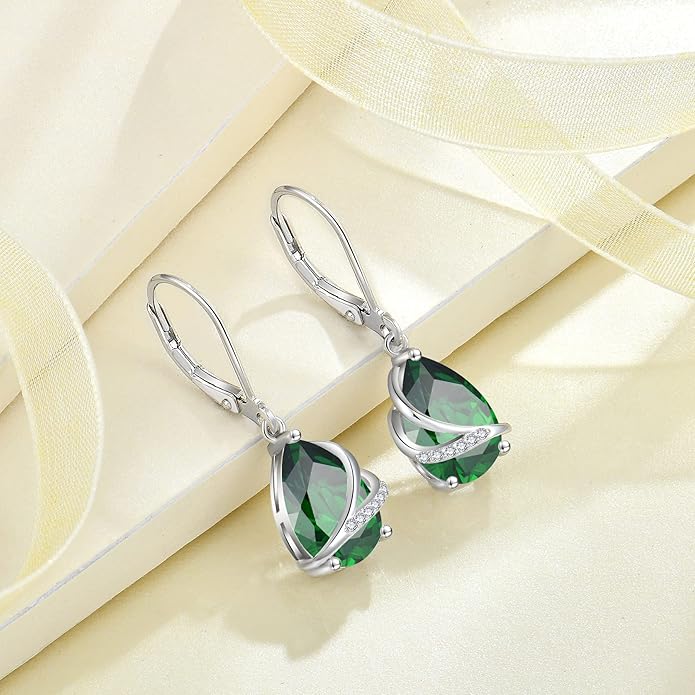 Birthstone Dangle Drop Earrings for Women 925 Sterling Silver Teardrop Leverback Earrings Jewelry Gifts for Wife Mother Her