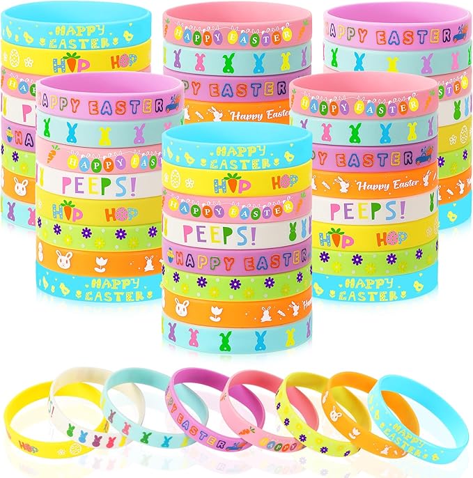JUNEBRUSHS 64pcs Easter Party Favors Silicone Bracelets Bunny Egg Carrot Flowers Cross Rubber Wristbands for Easter Egg Fillers Gifts Basket Stuffers Accessories Party Decorations(8 Designs)