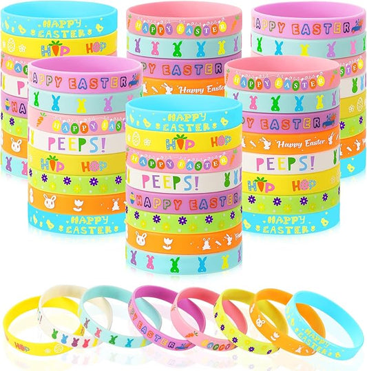 JUNEBRUSHS 64pcs Easter Party Favors Silicone Bracelets Bunny Egg Carrot Flowers Cross Rubber Wristbands for Easter Egg Fillers Gifts Basket Stuffers Accessories Party Decorations(8 Designs)