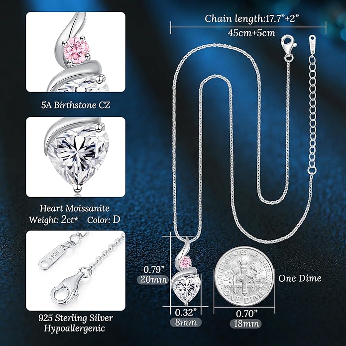 Moissanite Heart Pendant Necklaces for Women, 925 Sterling Silver Necklace with Birthstone, Ideal Anniversary Present or Birthday Christmas Valentine Mothers Day Jewelry Gifts for Mom Wife Her Girlfriend