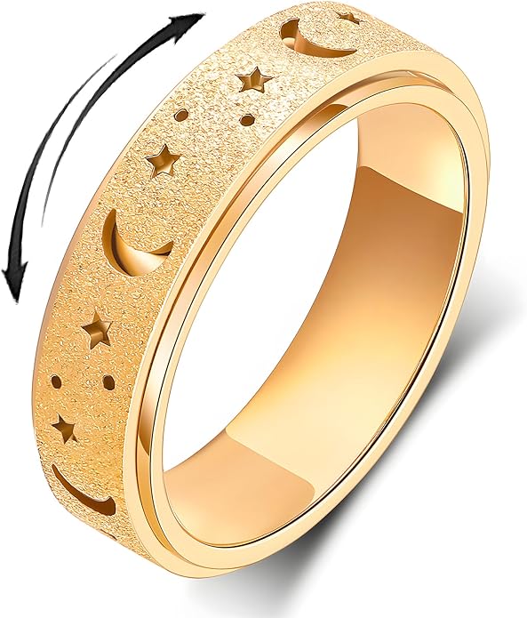 AmorArtSky Anxiety Ring for Women Men, Titanium Stainless Steel Spinner Ring, 5 Colors, 6MM, Size 6-10, 3 Styles Anxiety Ring-Moon Star, Sandblasted Finished, Hollow Outer