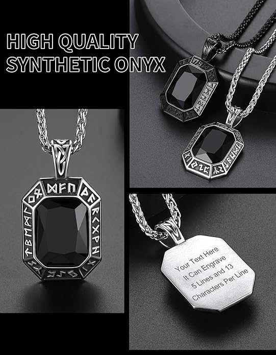 ChainsHouse Viking Rune Pendant Necklace for Men Women, Punk Biker Black Metal/316L Stainless Steel Onyx Norse Vintage Amulet Necklaces with Black/Red/Green/Blue Gemstone, Send Gift Box