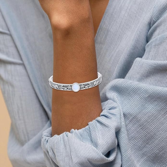 Moonstone Elephant Cuff Bracelet, Handmade Sterling Silver Boho Jewelry, Gift of Wisdom and Good Luck for Women