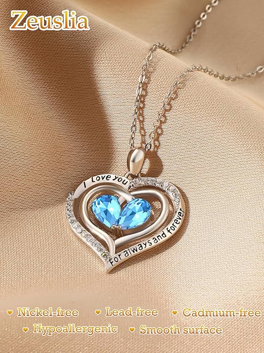 Zeuslia Double Birthstone Necklace Gifts for Wife - 925 Sterling Silver Sunflower/Rose/Crown Cross/Compass/Heart Pendant I Love You Necklace, Anniversary Birthday Gifts for Wife Girlfriend Mom Her