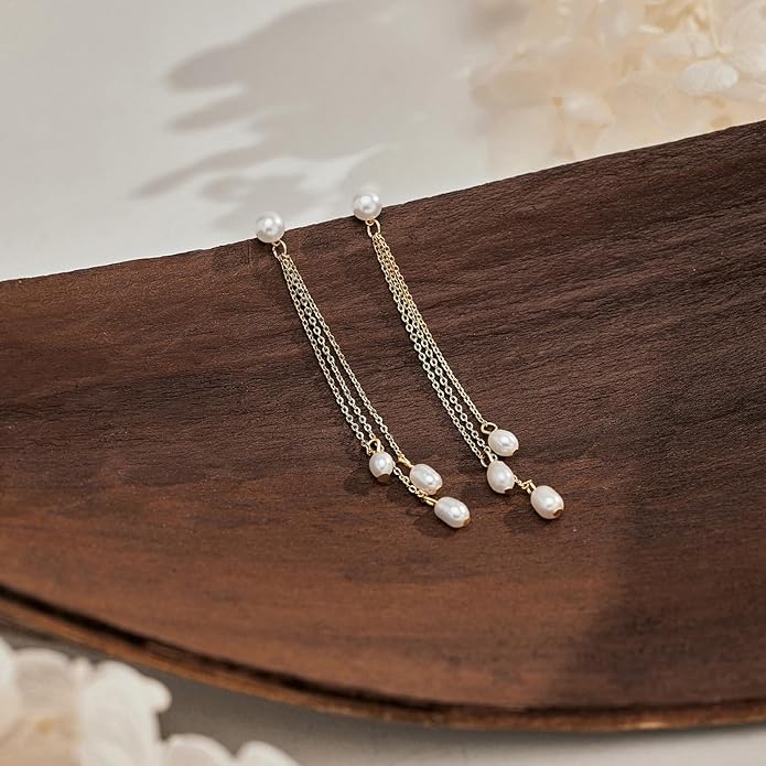 Moodear Dainty Pearl Dangle Earrings for Women - Trendy 14K Gold Plated Pearl Hypoallergenic Drop Earring Wedding Jewelry Gift