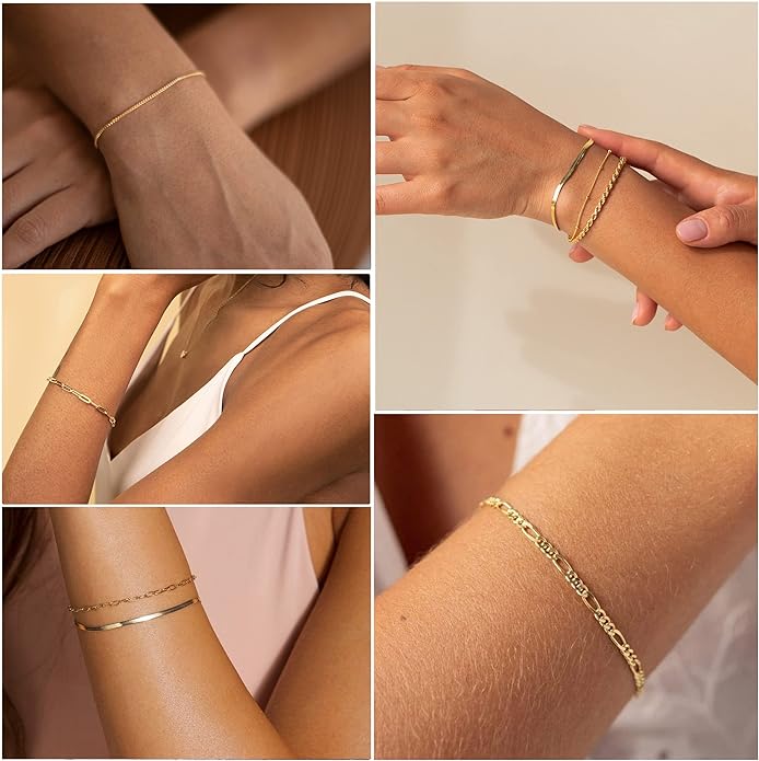 DEARMAY 14K Gold Plated Bracelets for Women Waterproof, Jewelry Sets Trendy Thin Dainty Stackable Cuban Link Paperclip Chain Bracelet Pack Fashion Accessories Gifts for Womens