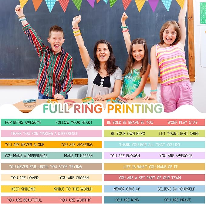 JUNEBRUSHS 64pcs Motivational Silicone Bracelets Bulk Colored Inspirational Rubber Wristbands Unisex for Student Teacher Office Prizes Gifts Back to School Party Favor Supplies (16 Designs)