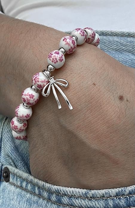 Beads Bow Charm Bracelet for Women Flower Vintage Bracelet Handmade Stretch Beaded Dainty Romantic Jewelry Gifts