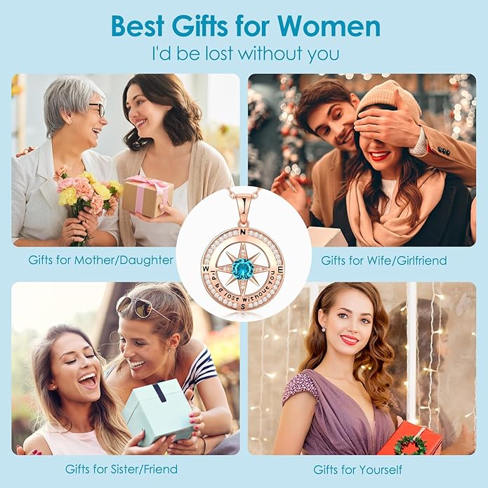 Zifeel Compass Necklace Gifts for Women wife - S925 Sterling Silver Birthstone Necklaces for Women - Anniversary Birthday Gifts for Her Wife Girlfriend - Valentines Mom Mothers Day Christmas Gifts Jewelry for Women