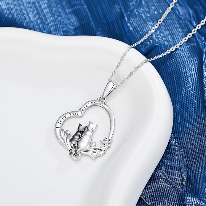 Cat Gifts for Women 925 Sterling Silver Heart Moon Cat Necklace Pendant Women Jewelry Halloween Christmas Gifts