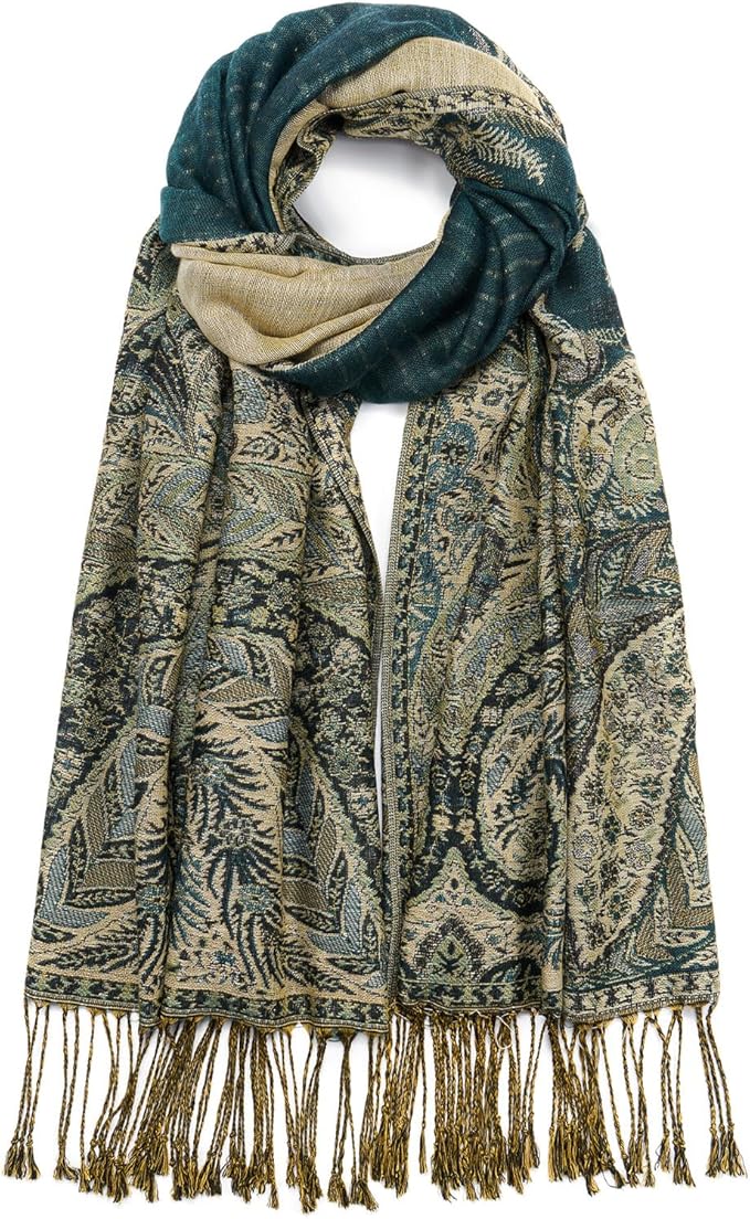 QIUTIMIY Paisley Pashmina Shawl Wrap Women Reversible Vintage Jacquard Pashmina Rave Scarf with Fringe for Evening, Wedding