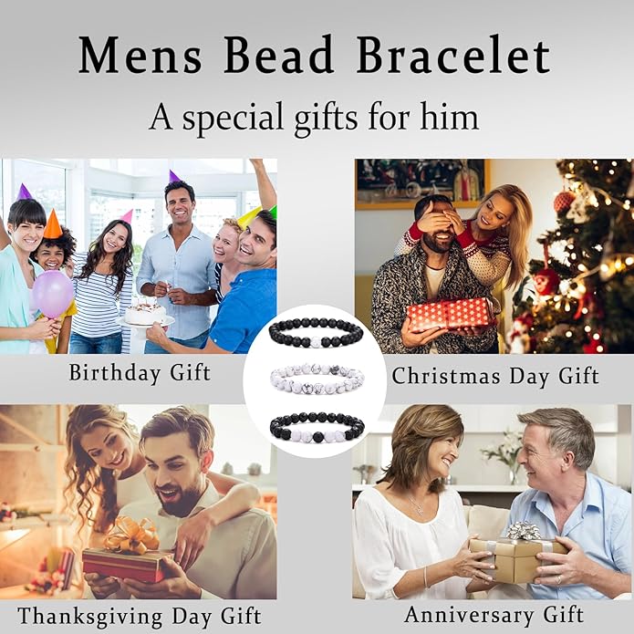 RANKEEF Mens Bead Bracelet Set - Adjustable Elastic Rope With 6&8MM Natural Stone Multi-Colored Beads - Tiger Eye Bracelets for Men - Gift