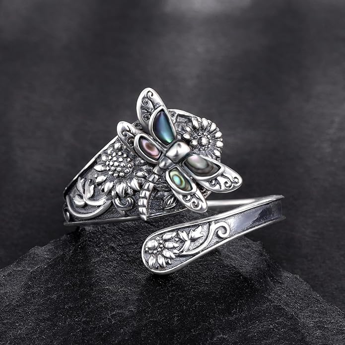 S925-Sterling-Silver Abalone Dragonfly-Turquoise Spoon Ring - Vintage Boho Sunflower Thumb Oxidized Wrap Rings Victorian Style Antique Floral Jewelry Gifts for Women