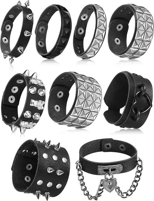 Hicarer 9 Pieces Spiked Studded Bracelet Black Leather Rivet Punk Bracelet Cuff Wrap Bangle Snap Button Metal Wristband for Men Women