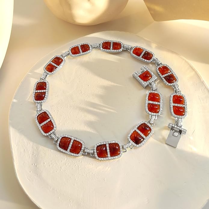 Chunky Necklace for Women 12 Colors Diamond Stone Gold Statement Necklace for Women Full Trendy Blue Birthstone Choker Necklace for Women Square Design Necklace Jewelry