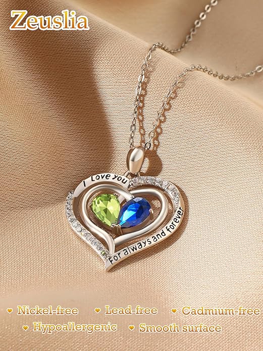 Zeuslia Double Birthstone Necklace Gifts for Wife - 925 Sterling Silver Sunflower/Rose/Crown Cross/Compass/Heart Pendant I Love You Necklace, Anniversary Birthday Gifts for Wife Girlfriend Mom Her