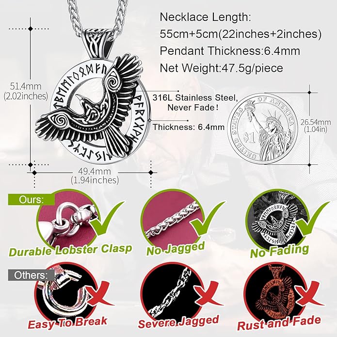 FaithHeart Viking Raven Necklace for Men, Norse Mythology Raven Skull Pendant Sturdy Stainless Steel Amulet Jewelry Gift for Men