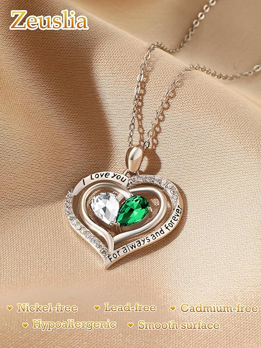 Zeuslia Double Birthstone Necklace Gifts for Wife - 925 Sterling Silver Sunflower/Rose/Crown Cross/Compass/Heart Pendant I Love You Necklace, Anniversary Birthday Gifts for Wife Girlfriend Mom Her