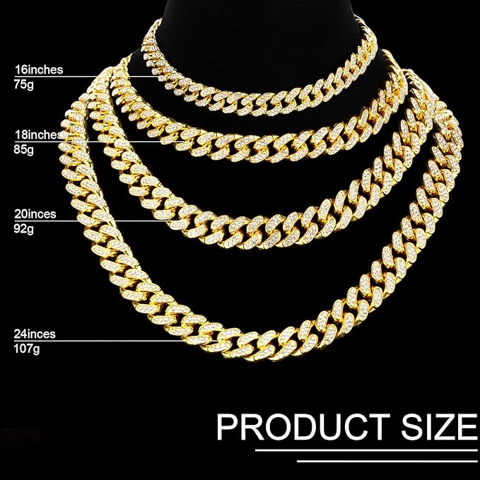 Batiyeer 3 Pcs Cuban Link Chain Necklace Bracelet Rhinestone Hoop Earrings Bling Crystal Hip Hop Jewelry for Women(16 Inch,Gold)