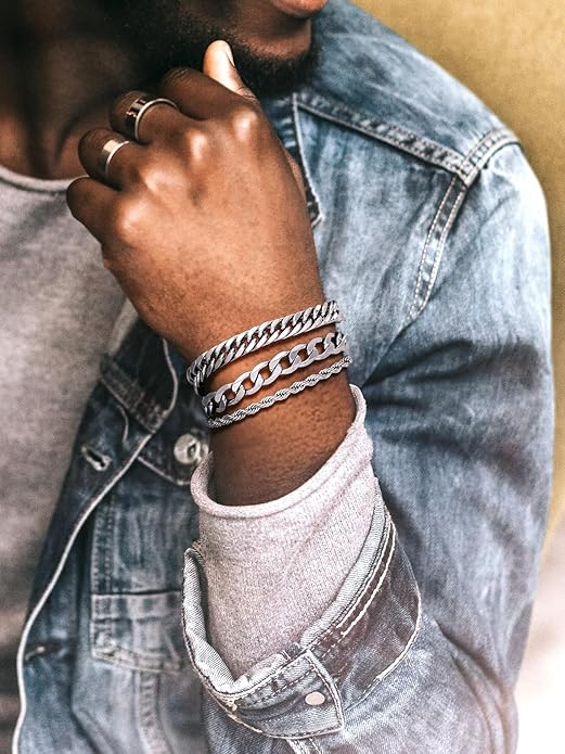 Richsteel 2PCS/3PCS Bracelets Chain for Men Women Stainless Steel Silver/Gold/Black Cuban/Rope Link Chain Bracelets Set, 7.4/8.2/9 Inch Hand Chain Length for Men Women Jewelry
