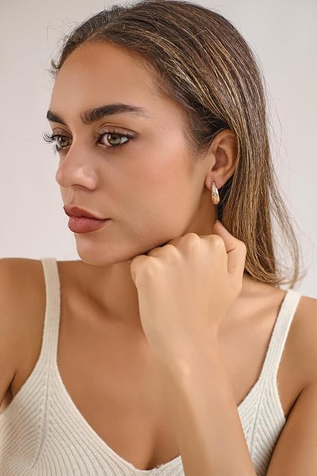 14K Gold & Rose Gold Hoop Earrings for Women, Chunky Huggie Half Hoops Earrings, Hypoallergenic Non Tarnish Cubic Zirconia Trendy Minimalist Everyday Jewelry Gift