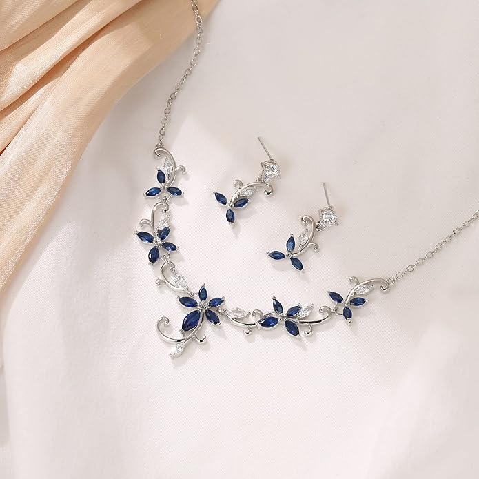 Crysdue Flower Leaf Wedding Jewelry Set for Bridal Bridemaid, Cubic Zirconia Teardrop Elegant Silver/14K/Rose Gold Plated Vine Necklace Dangle Earrings for Prom Party