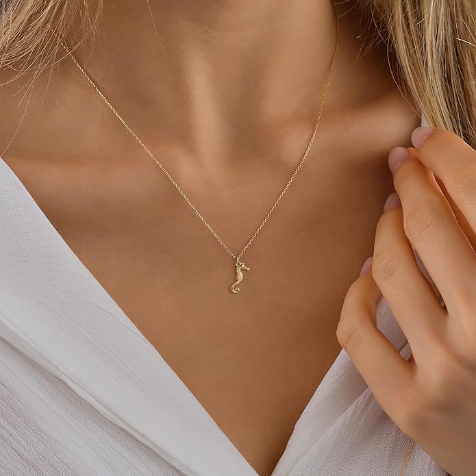 Gold Necklace for Women-14K Gold Plated Bow,Dragon,Shell, Palm Tree, Seahorse, Conch Shell,Sardines, Cowboy Boot,Bat,Bunny Pendant Beachy Jewelry for Women Gifts