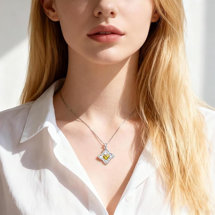 Delicate Four-Leaf Clover Charm Necklace with January Birthstone - S925 Silver, Gift Idea