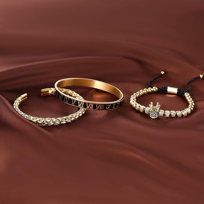 WFYOU 3PCS Stainless Steel Bracelets for Men Gold Roman Numeral Bangle Bracelet Twisted Cable Bracelet Adjustable Cuff Bracelet Mens Luxury Jewelry Bracelets Gifts