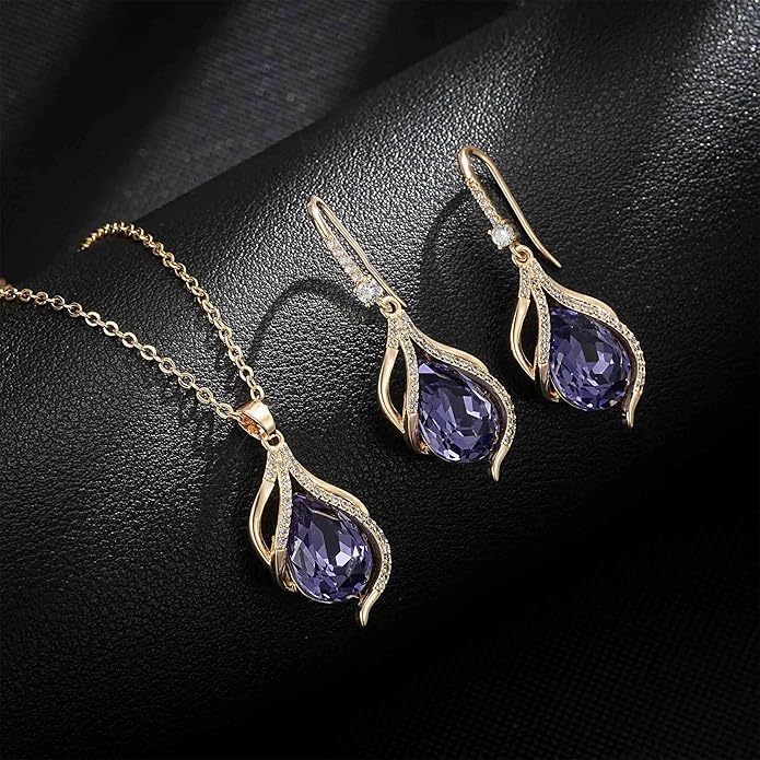 EVEVIC Austrian Crystals Teardrop Hollow Twisted Pendant Necklace Earrings for Women 14K Gold Plated Halo Drop Dangle Earrings Hypoallergenic Jewelry Set